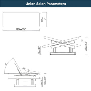 Master Massage Union Electric Beauty Bed dimensions and adjustment diagram