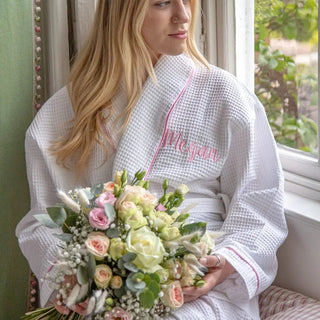 model with a bouquet of flowers