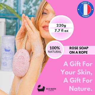 Eco Bath London Rose Soap on a Rope 220g - Luxurious and Eco Friendly Body Wash Bar with Shea Butter